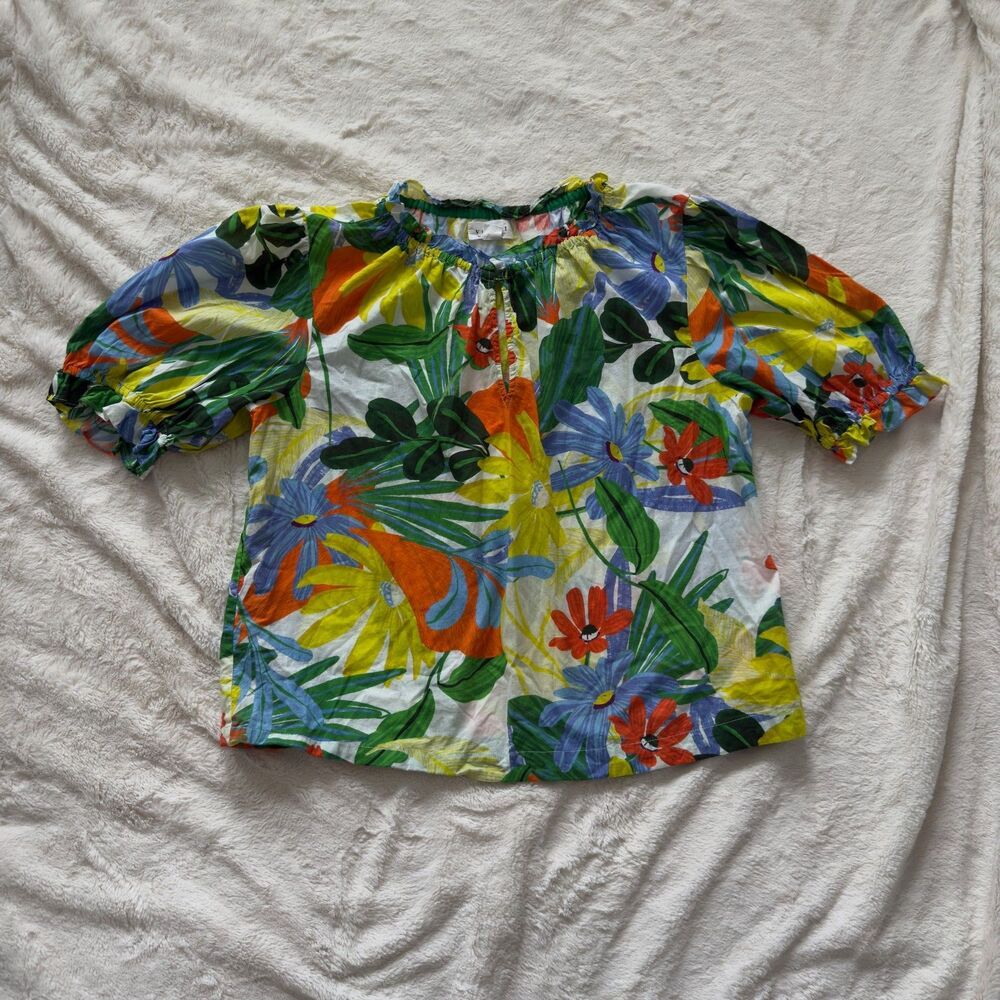 Bright Tropical floral blouse with puff sleeves, a gathered neckline